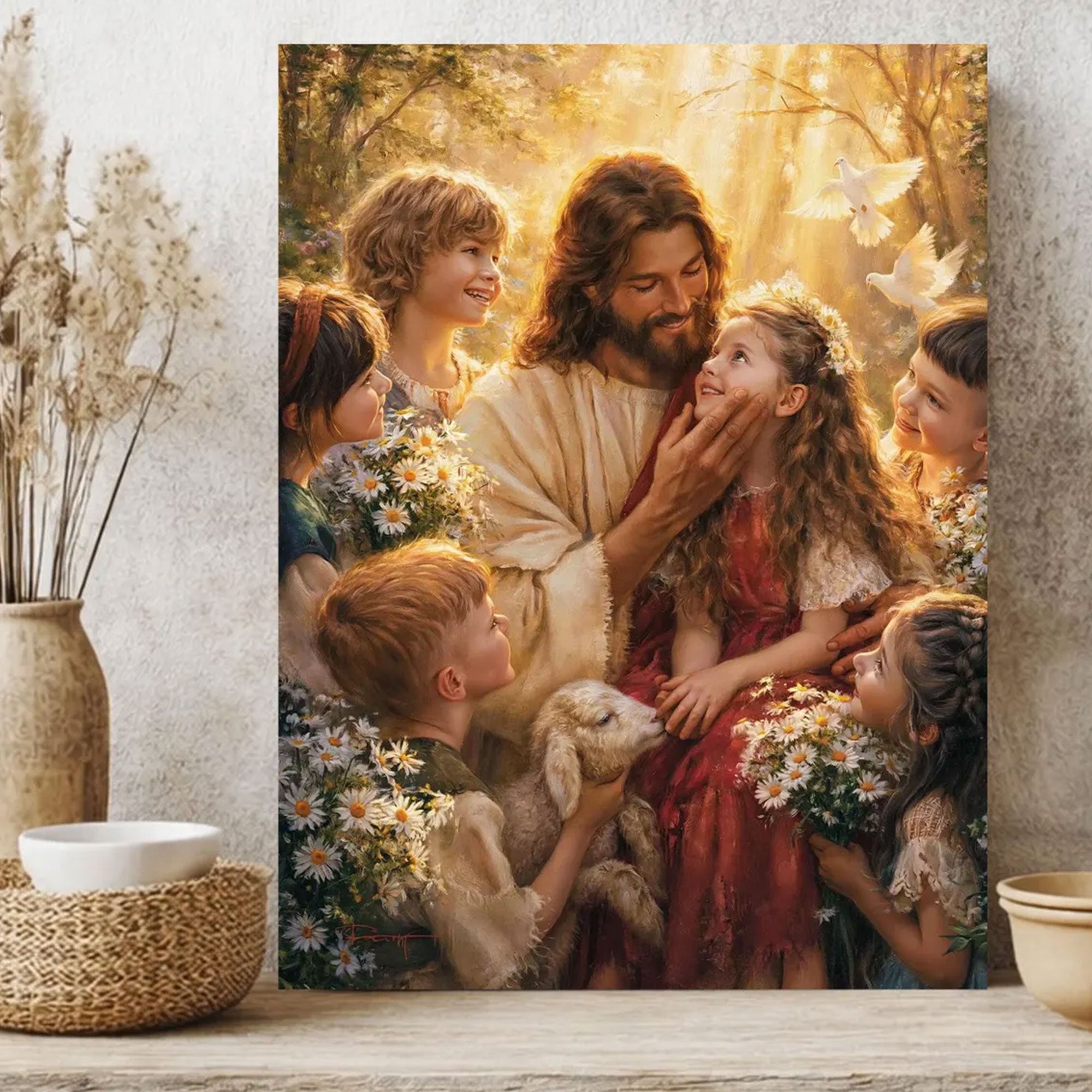 Jesus with Children Canvas Art Christian Faith Wall Decor Let the Little Children Come Painting