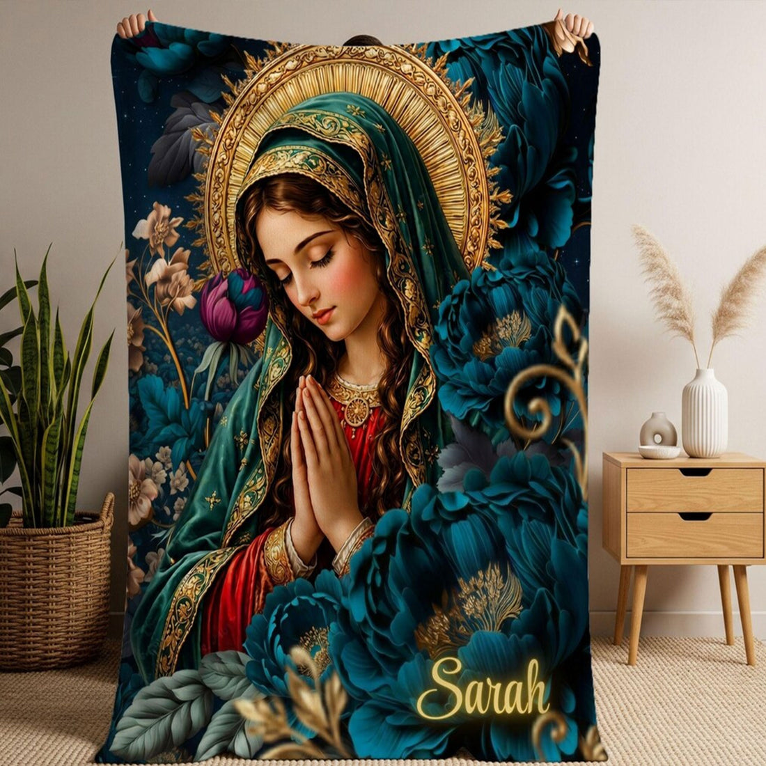 Personalized Virgin Mary Fleece Blanket, Catholic Floral Throw, Custom Name Christian Prayer Gift for Mom or Grandma, Faith Decor
