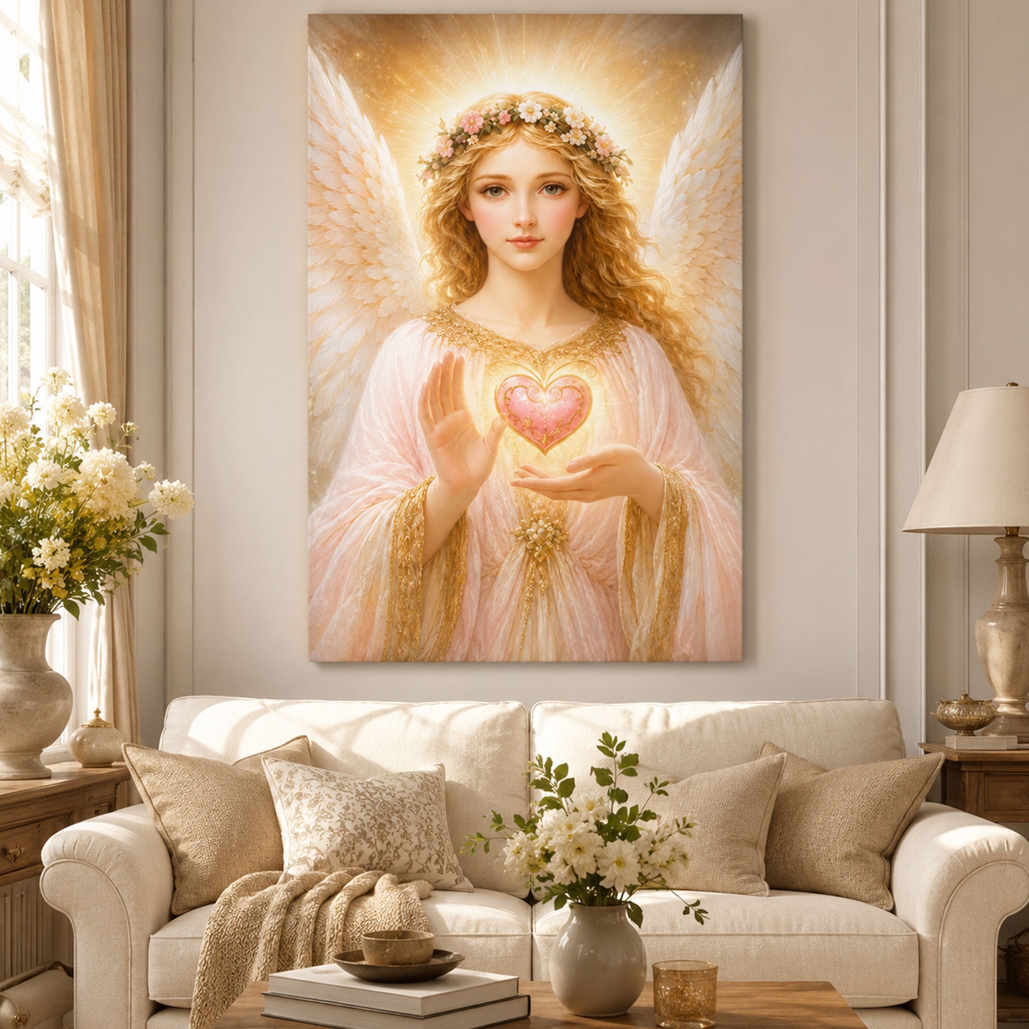 Guardian Angel Holding Heart Canvas Print, Christian Wall Art, Divine Love Faith Home Decor