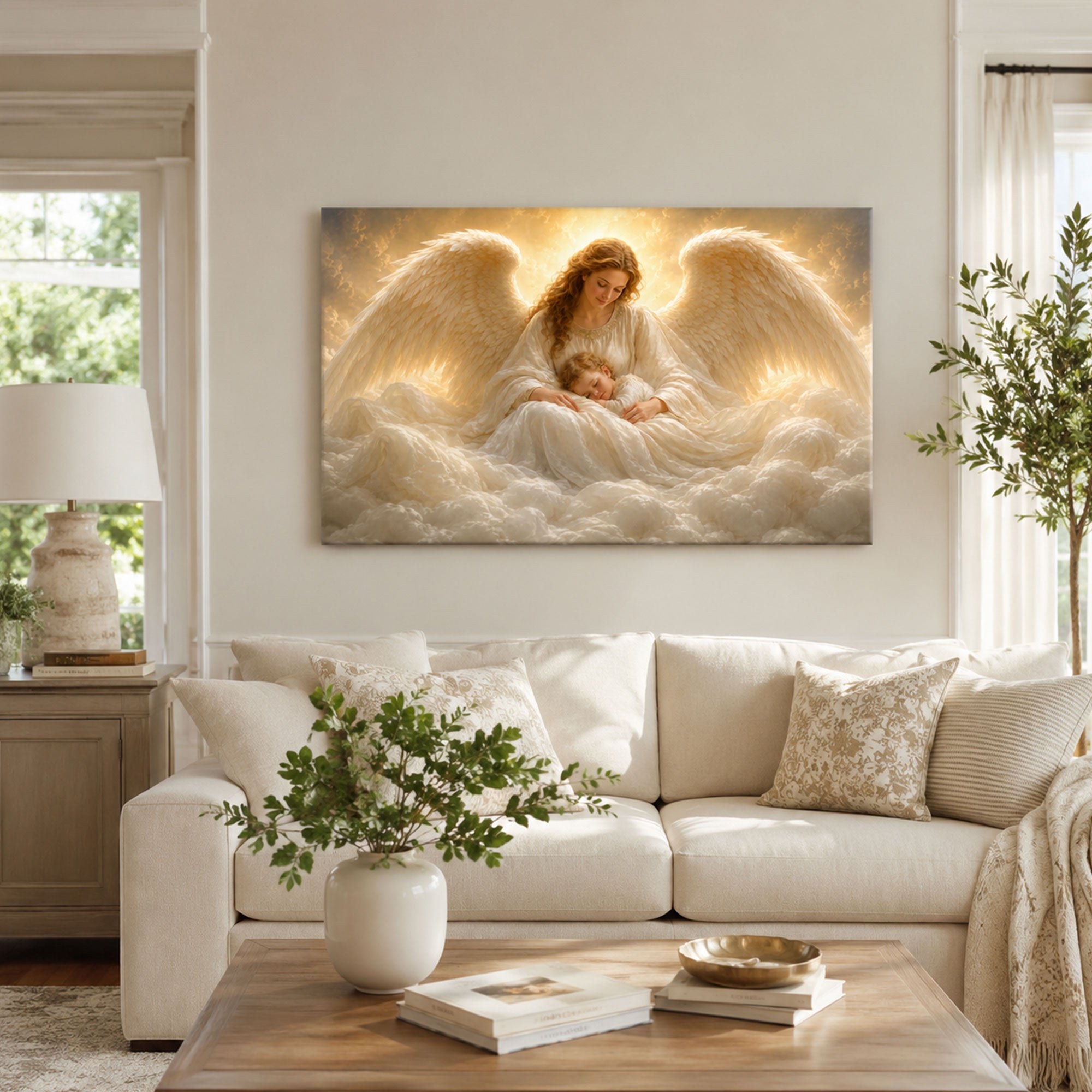 Guardian Angel with Sleeping Child Canvas Print, Heavenly Christian Nursery Wall Art, Baptism Gift
