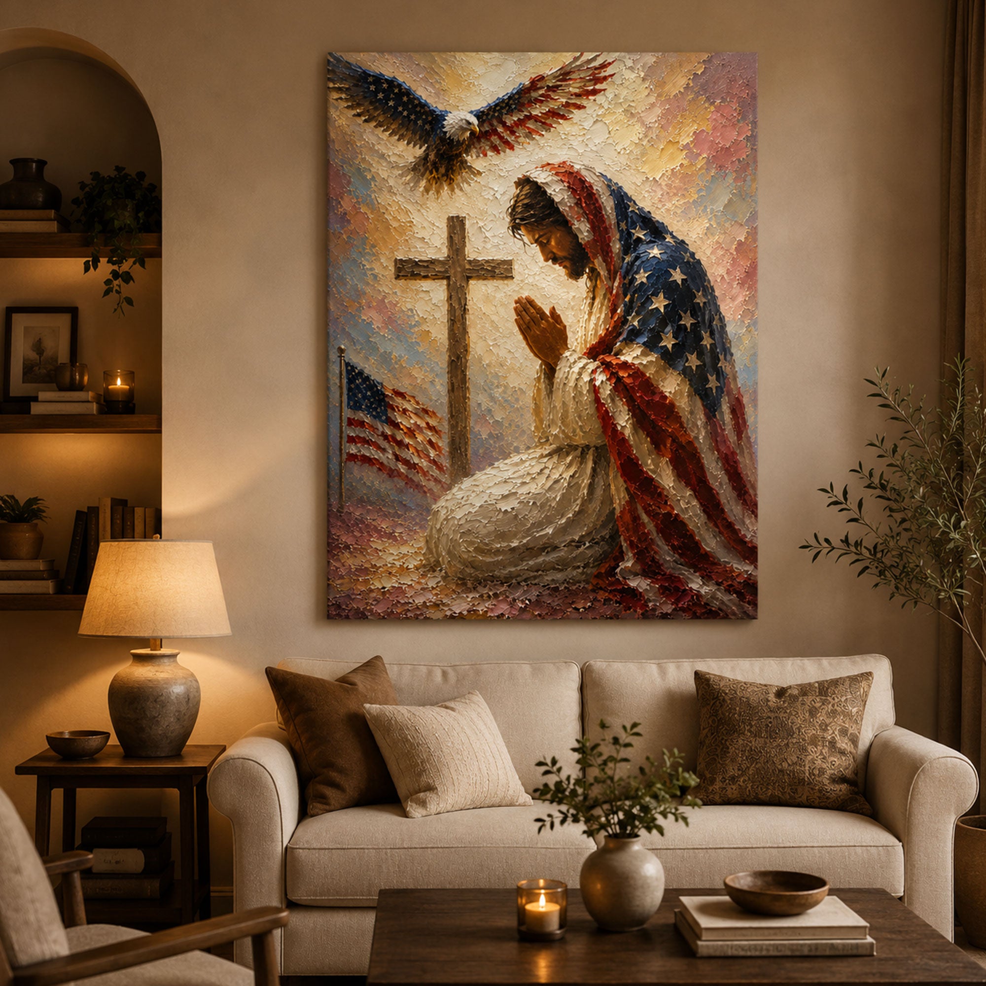Jesus Praying at Cross Canvas Print, American Flag Christian Wall Art, Patriotic Faith Home Decor
