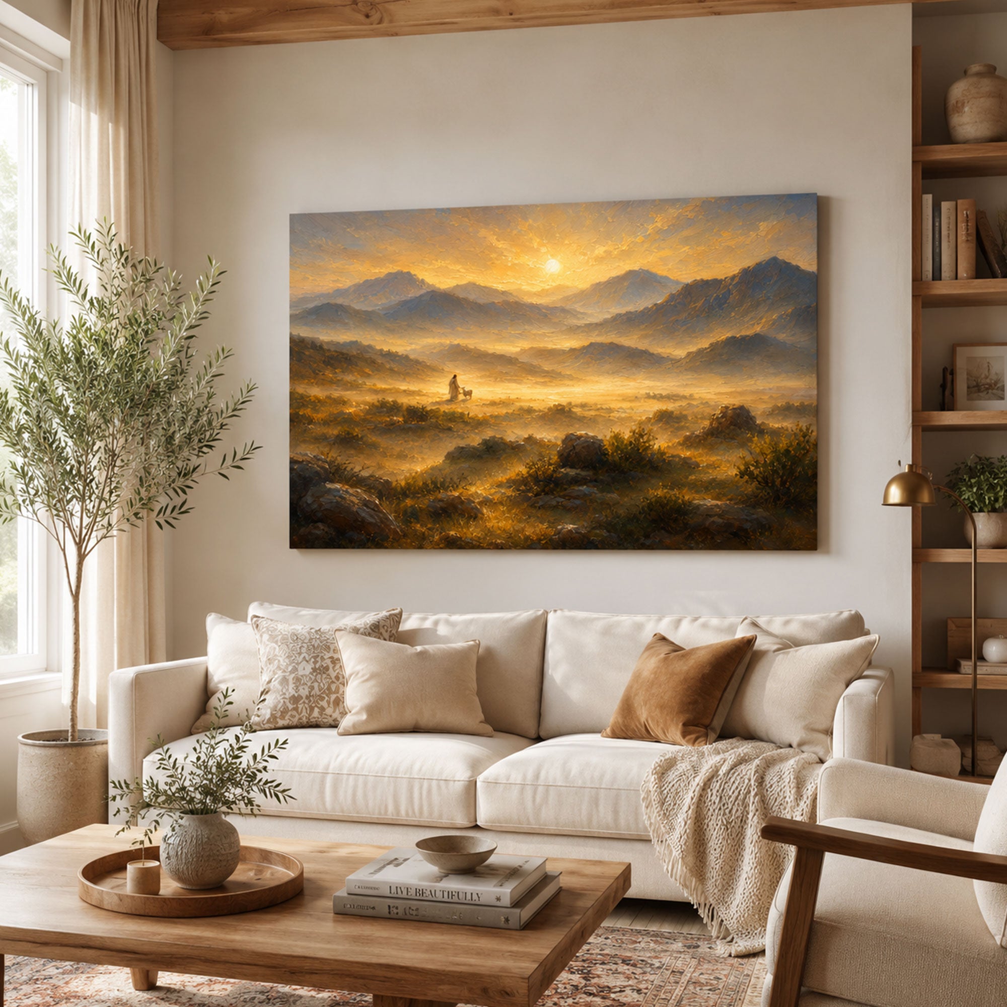 Jesus in Golden Mountain Landscape Canvas Print, Peaceful Christian Home Decor