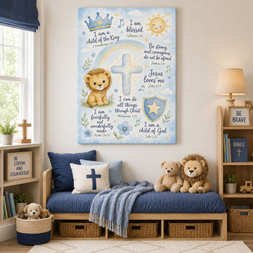 Christian Boy Nursery Wall Art Bible Verse Affirmation Canvas Print Blue Watercolor Lion Cross Jesus Loves Me Decor