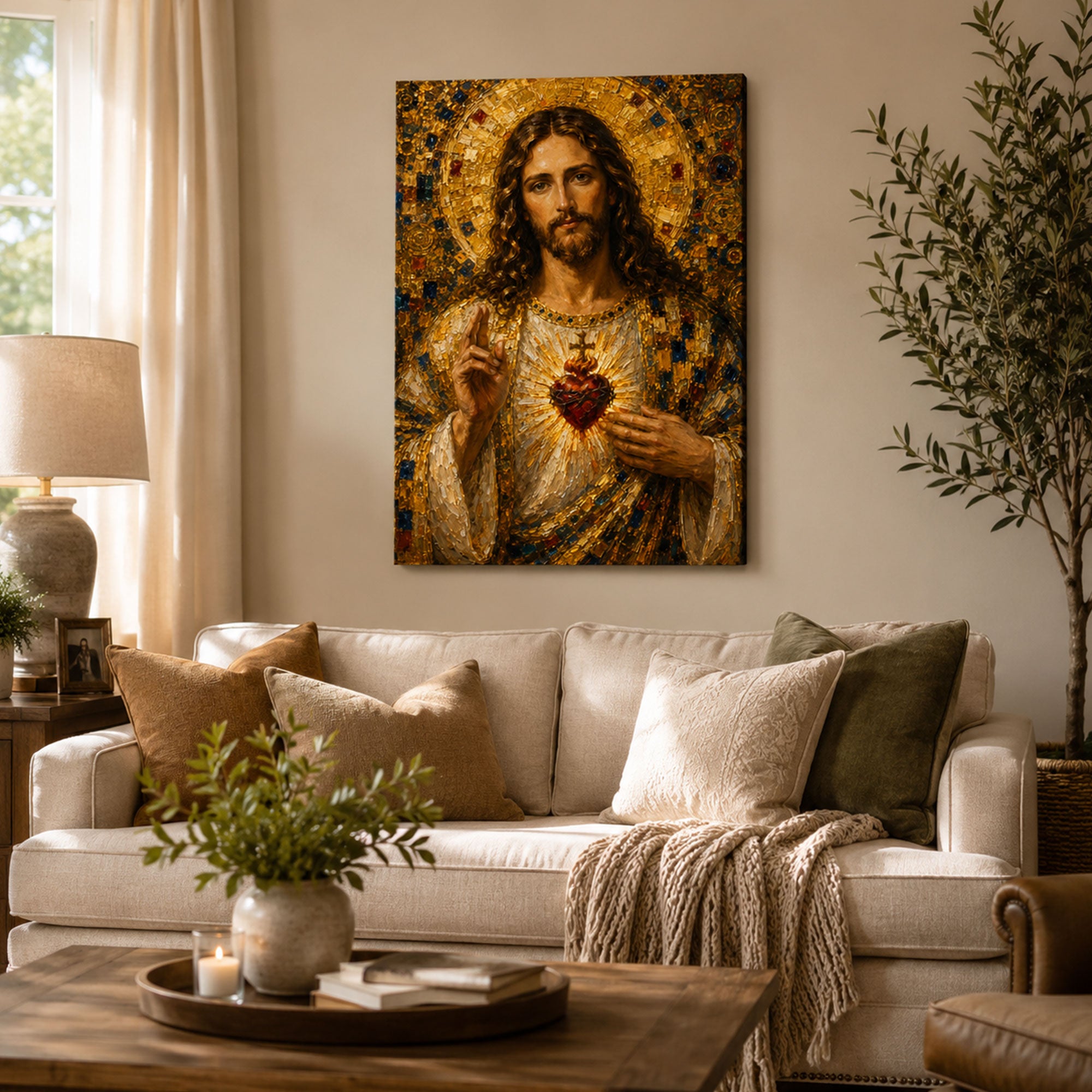 Sacred Heart of Jesus Canvas Print, Gold Mosaic Style Catholic Wall Art, Christian Faith Home Decor Gift