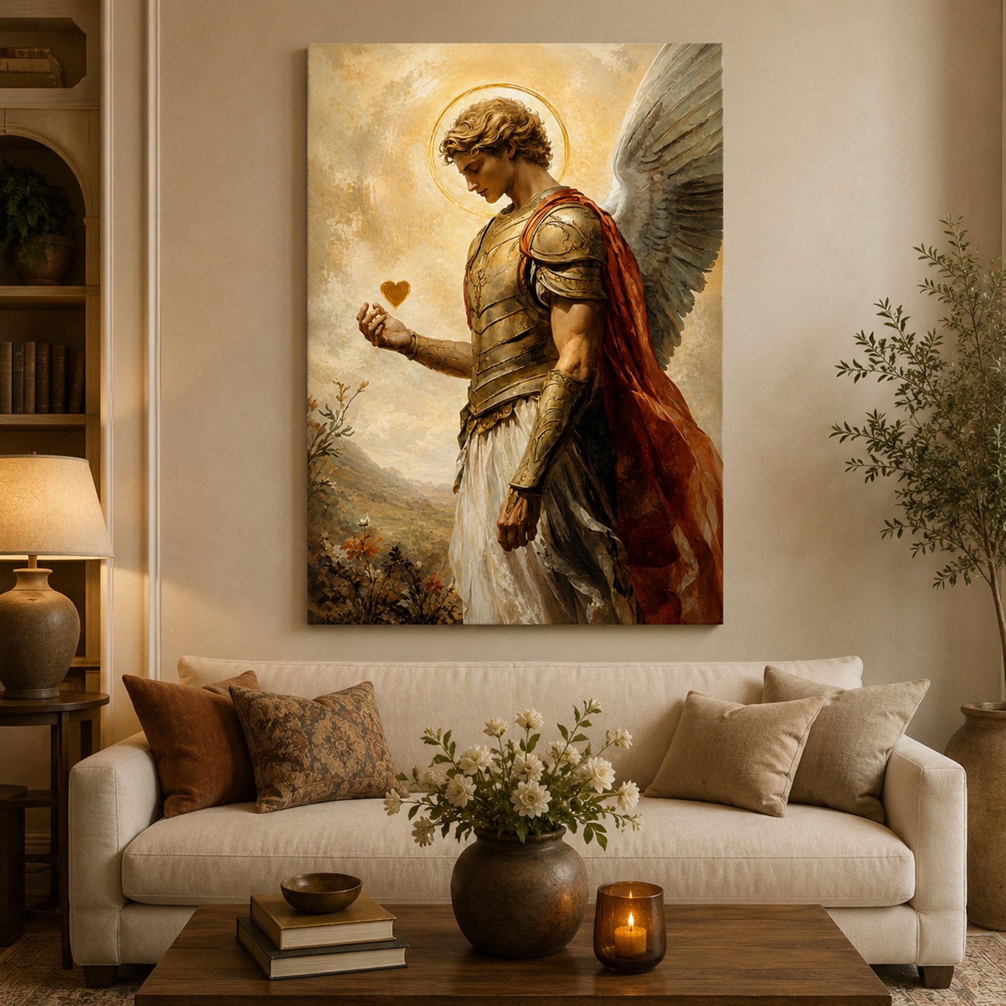 Archangel Holding Golden Heart Canvas Print, Catholic Christian Wall Art, Heavenly Faith Home Decor