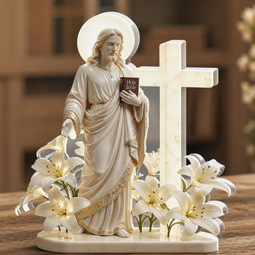 Jesus with Cross and Lilies Acrylic Plaque, 2D Flat Christian Table Decor, Single-Sided Easter Gift