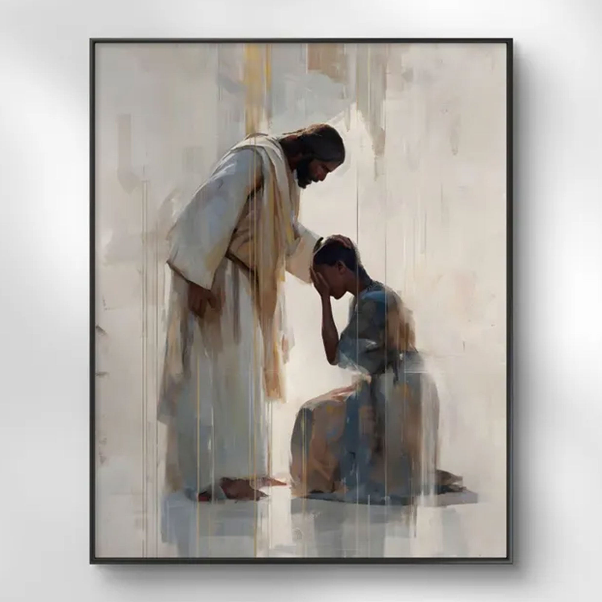 Jesus Comforts Black Woman Canvas Print, African American Christian Wall Art, Inspirational Faith Decor