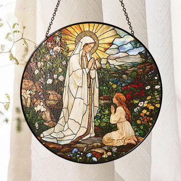 Our Lady of Lourdes Stained Glass Suncatcher, Virgin Mary Catholic Window Hanging, Religious Faith Gift, Christian Home Decor