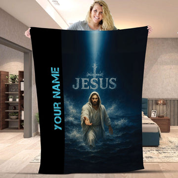 Personalized Jesus Walking on Water Fleece Blanket, Christian Faith Throw, Religious Gift, Inspirational Home Decor