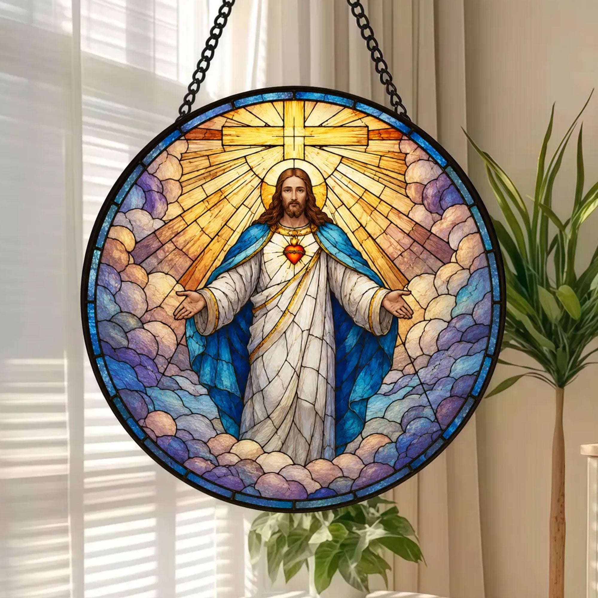 Sacred Heart of Jesus Stained Glass Suncatcher, Christian Window Hanging, Catholic Faith Decor