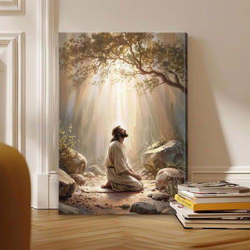 Jesus Praying in Garden of Gethsemane Canvas Wall Art – Christian Prayer Artwork, Religious Home Decor
