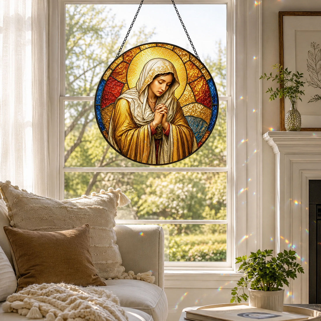 Virgin Mary Praying Suncatcher, Catholic Window Hanging, Christian Faith Gift for Women