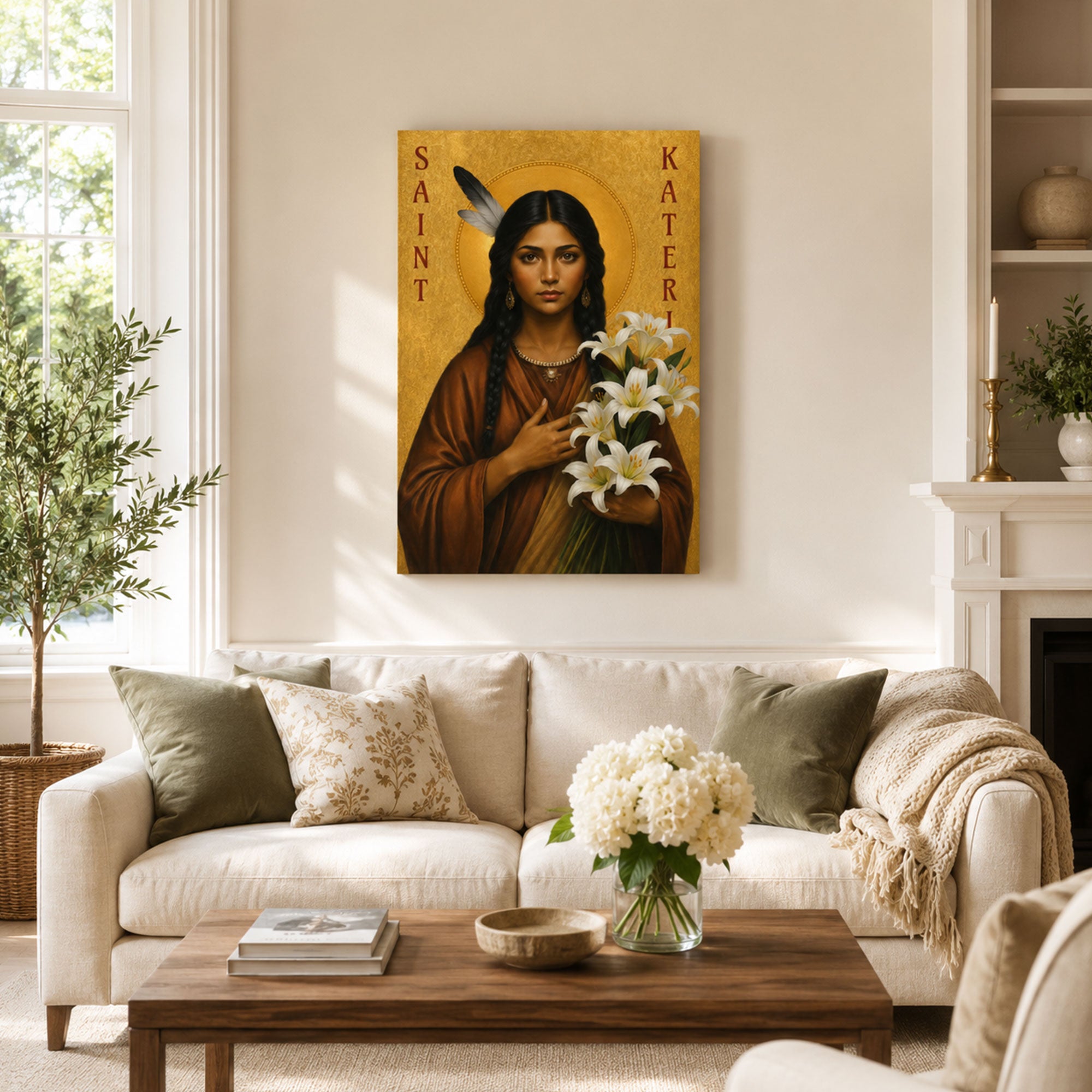 Saint Kateri with Lilies Canvas Print, Native American Catholic Saint Wall Art, Gold Icon Faith Home Decor Gift