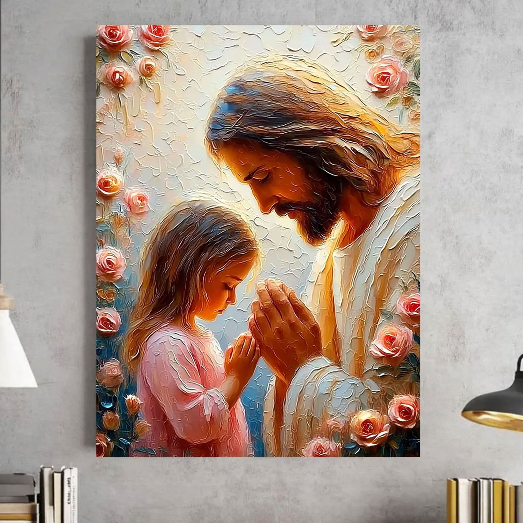 Jesus and Little Girl Praying Canvas Print Christian Daughter Wall Art Faith and Prayer Home Decor