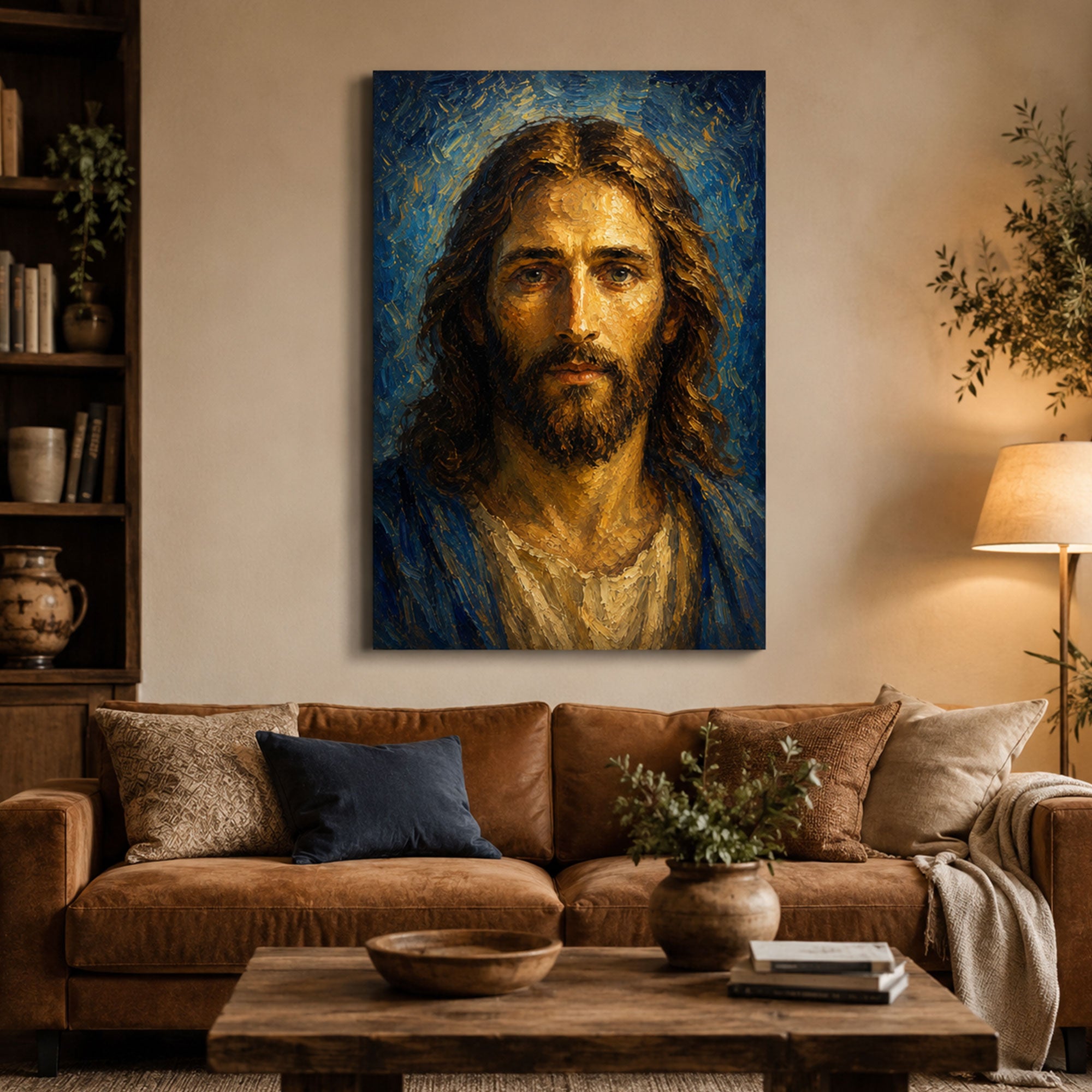 Jesus Christ Portrait Canvas Print, Blue Golden Christian Wall Art, Sacred Faith Home Decor