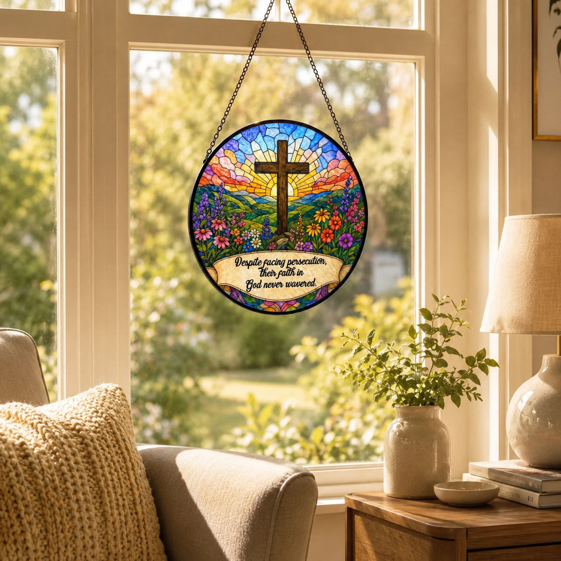 Unwavering Faith Christian Cross Suncatcher, Despite Persecution Inspirational Window Hanging, Religious Gift