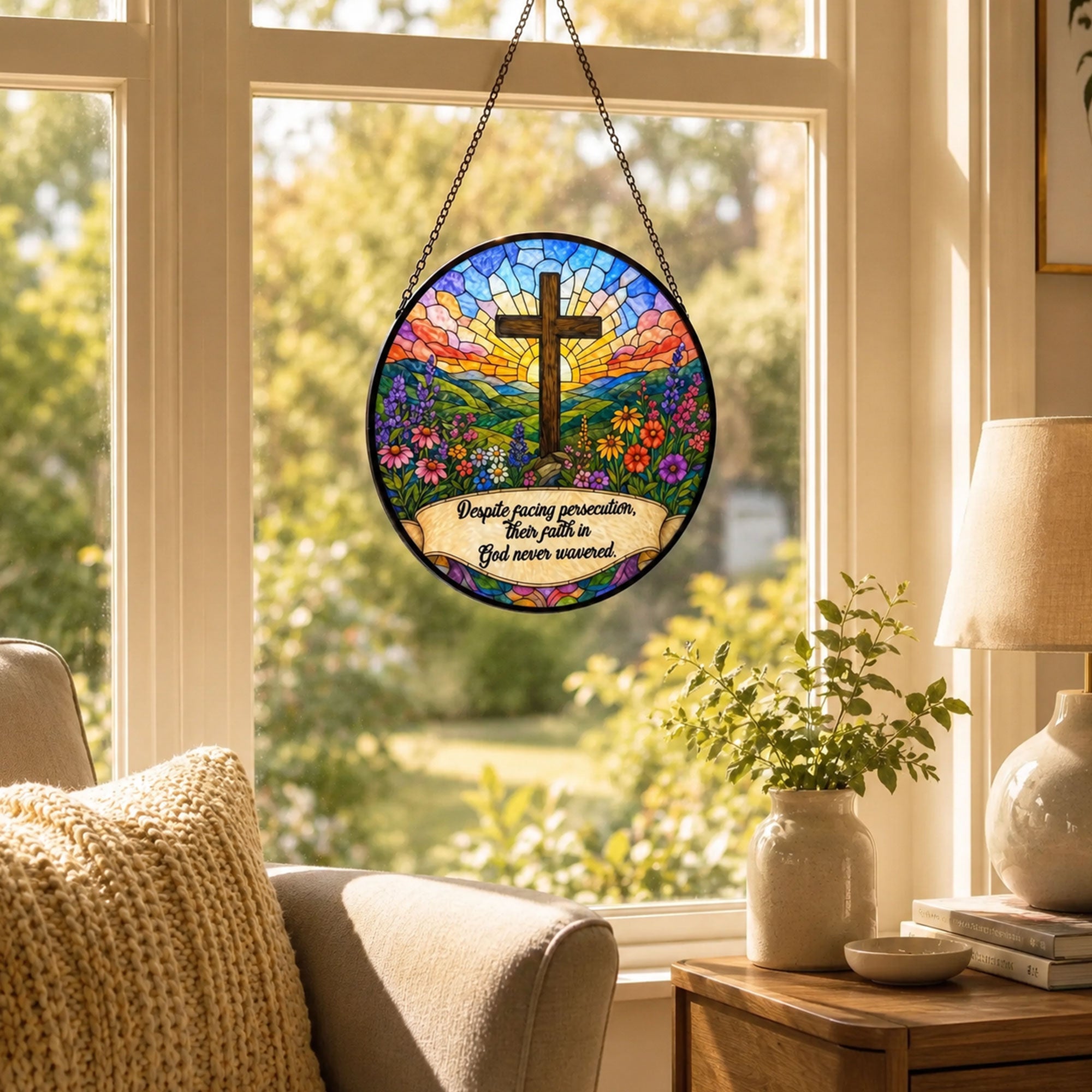 Unwavering Faith Christian Cross Suncatcher, Despite Persecution Inspirational Window Hanging, Religious Gift