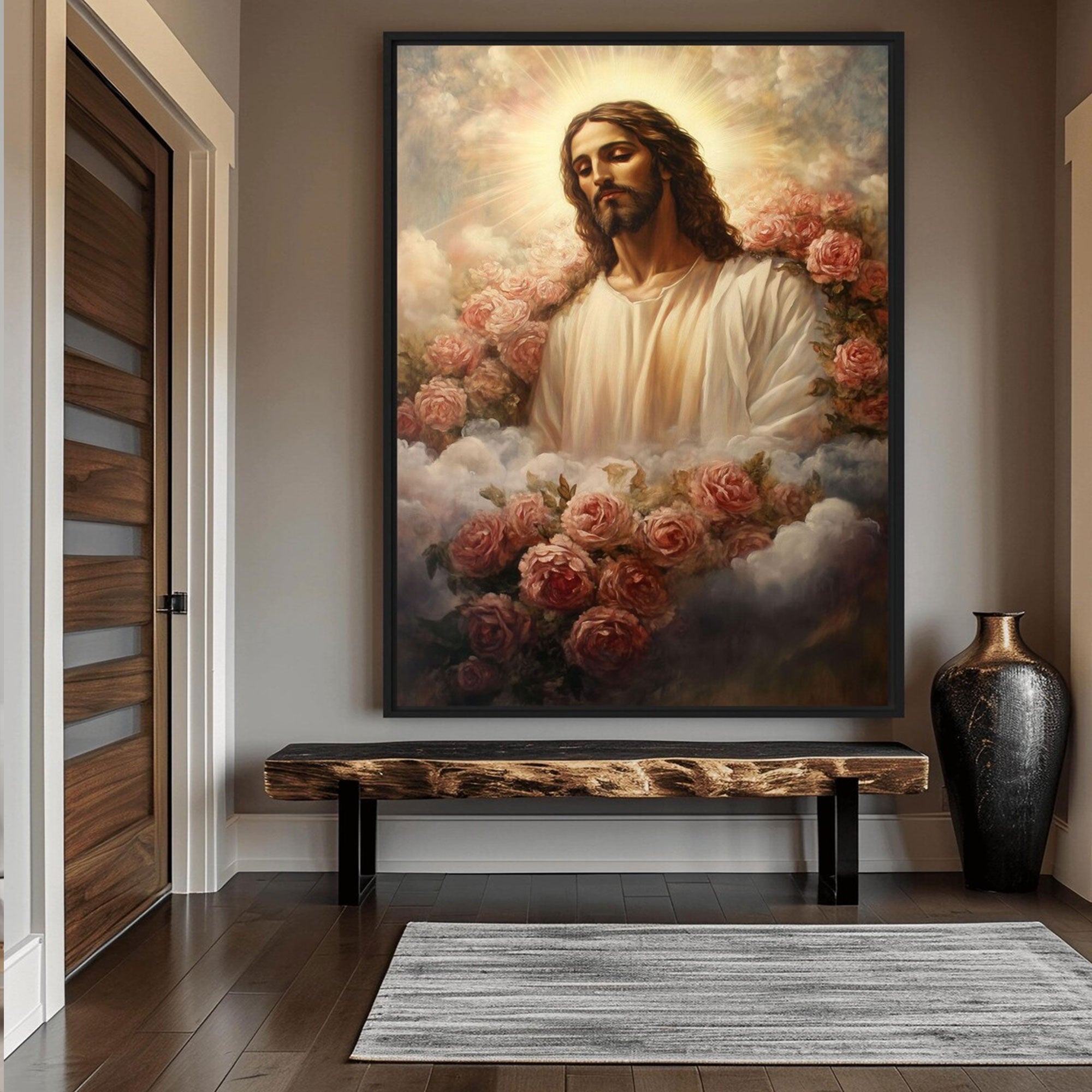 Jesus Christ in Flowers Framed Canvas Print, Religious Christian Wall Art, Peaceful Faith Home Decor