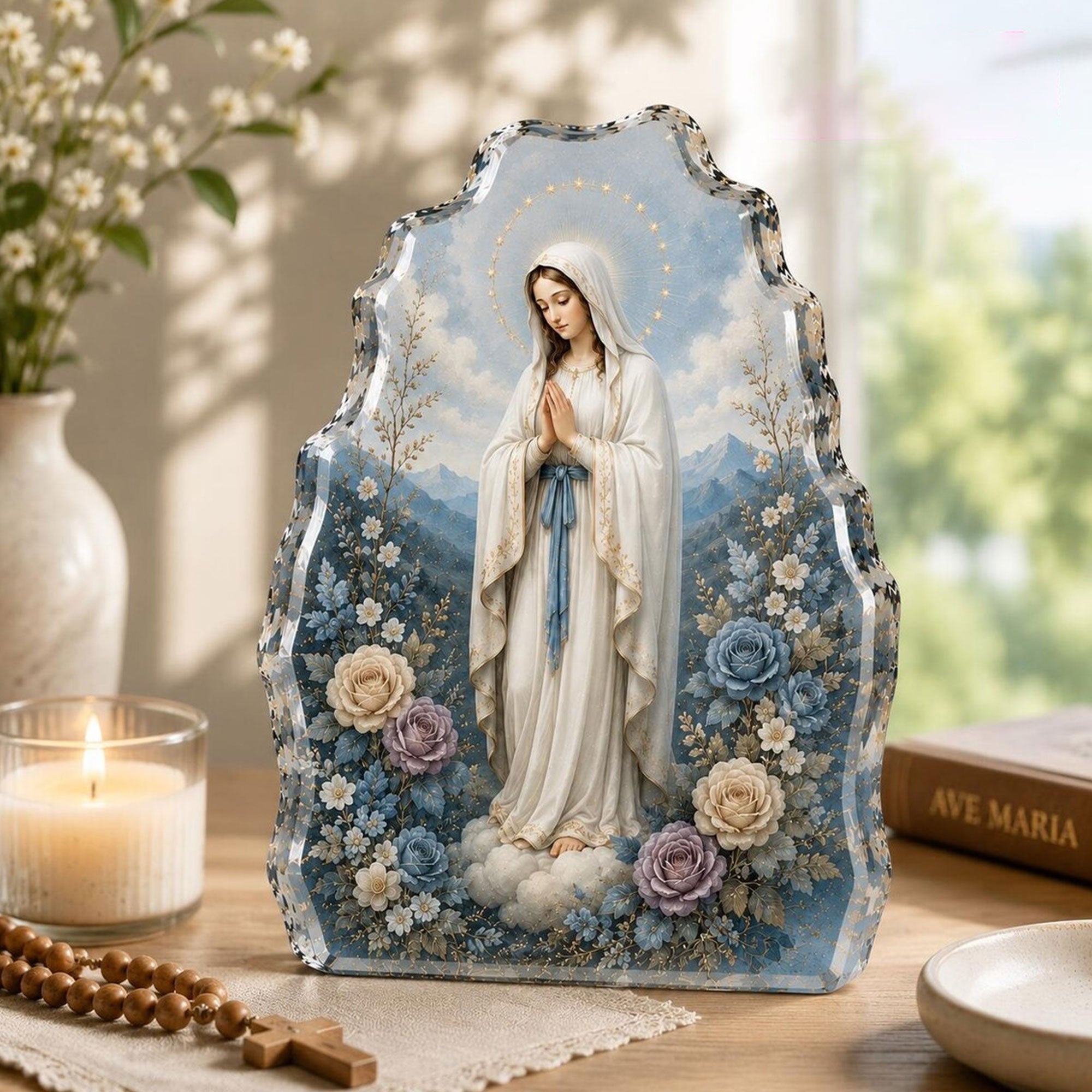 Virgin Mary Floral Acrylic Desk Plaque, Blessed Mother Catholic Decor, Christian Gift for Women