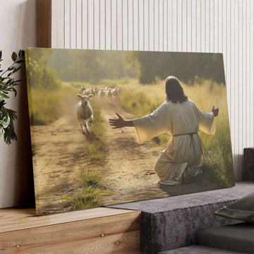 Lamb Runs to Jesus Canvas, Inspirational Christian Wall Art, Jesus and Lamb Religious Decor