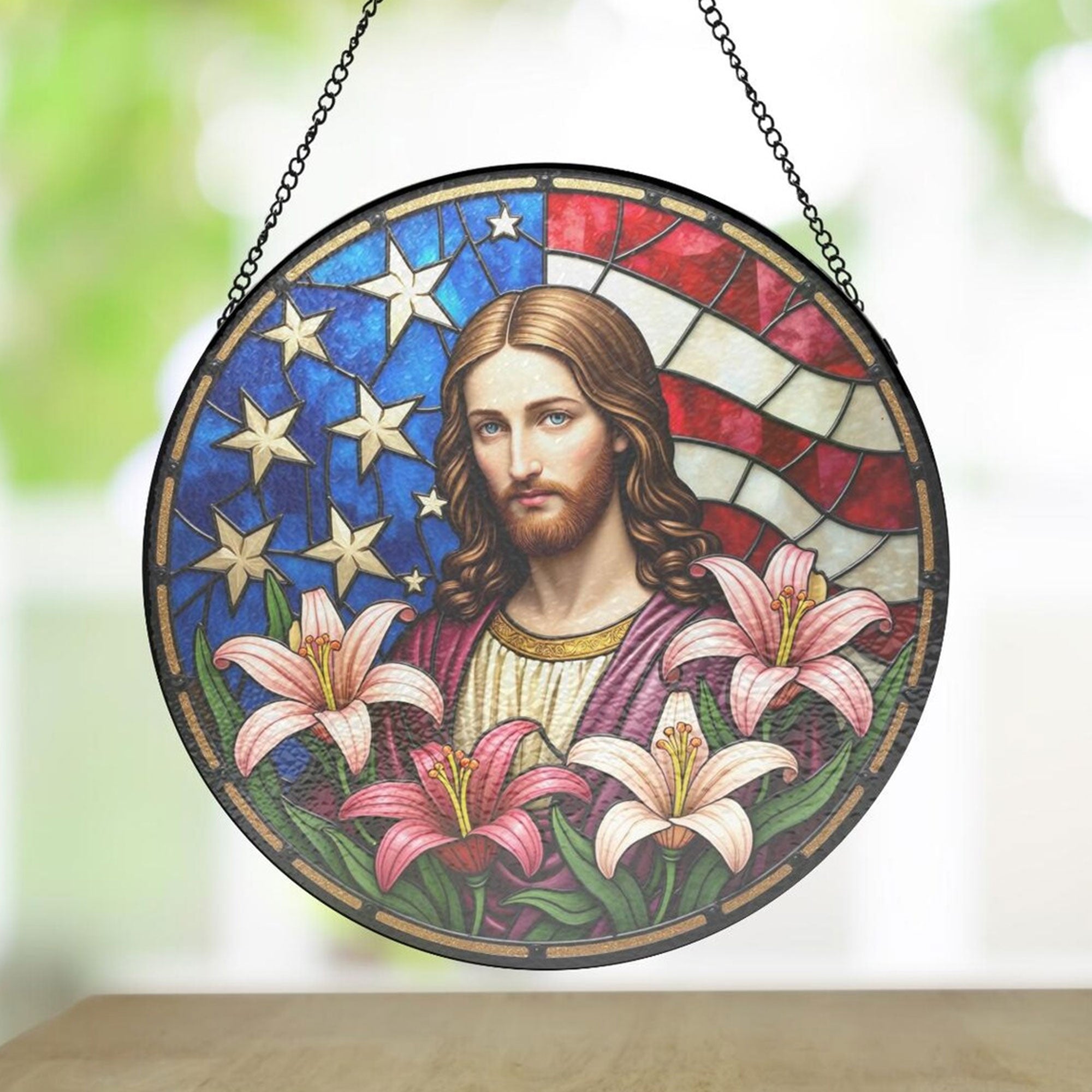 Jesus with Lily and Starry US Flag Stained Glass Suncatcher, Christian Patriotic Window Hanging Decor, Spiritual Faith Gift