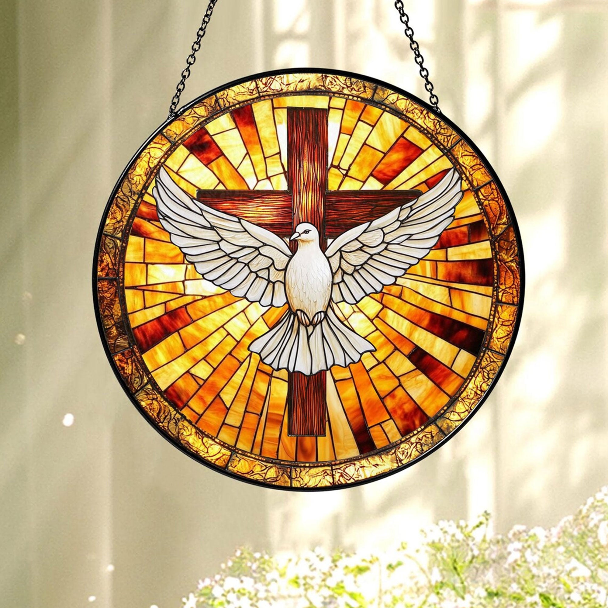 Cross and Dove Faux Glass Suncatcher, Holy Spirit Window Hanging, Christian Decor Gift