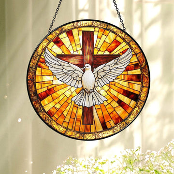 Cross and Dove Faux Glass Suncatcher, Holy Spirit Window Hanging, Christian Decor Gift