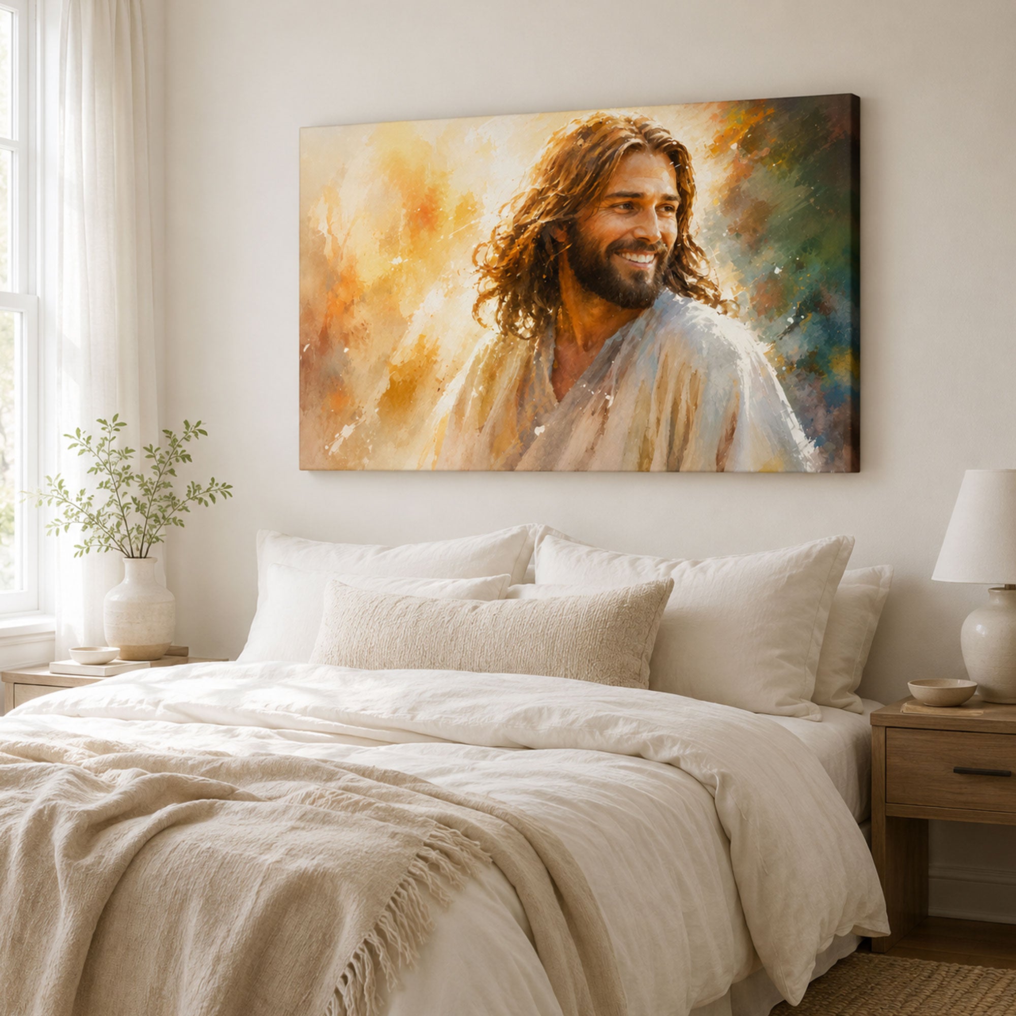 Smiling Jesus Portrait Canvas Print, Joyful Christian Wall Art, Peaceful Faith Home Decor