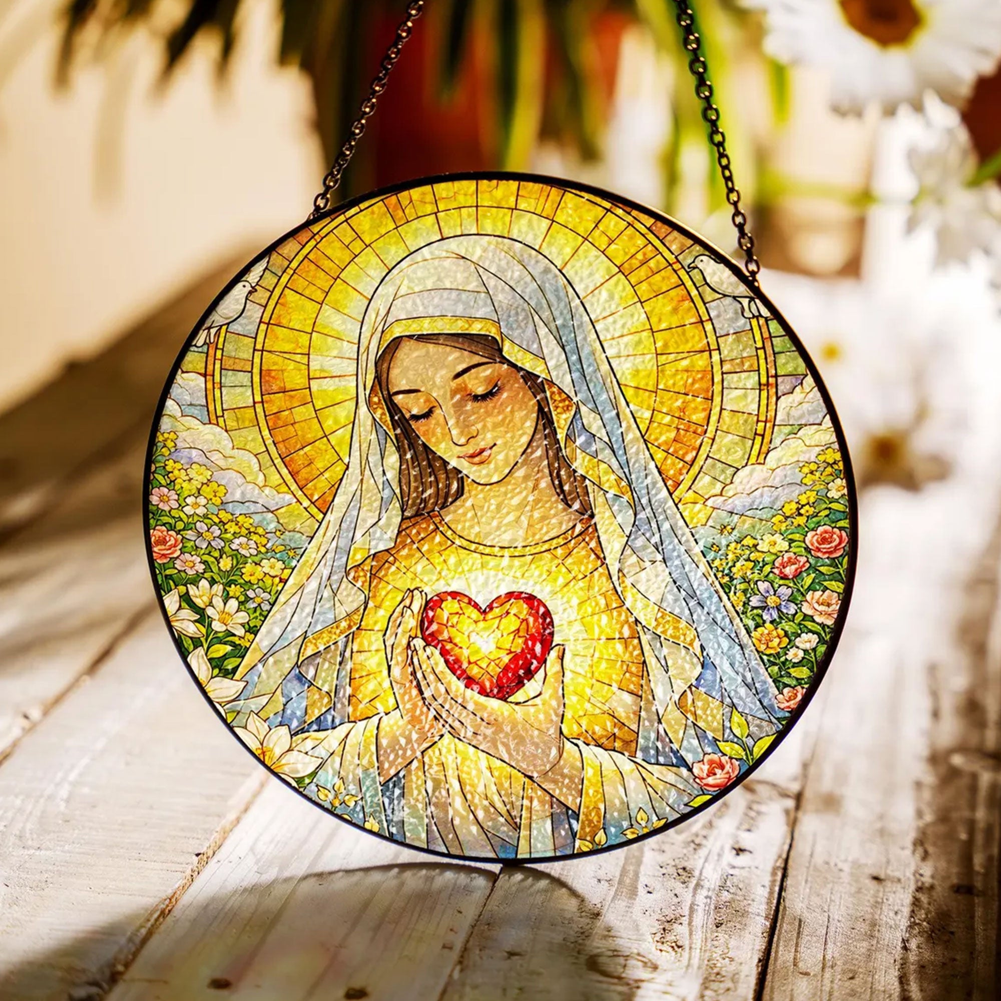 Virgin Mary Stained Glass Suncatcher, Immaculate Heart of Mary Window Hanging, Catholic Religious Decor, Faith Gift