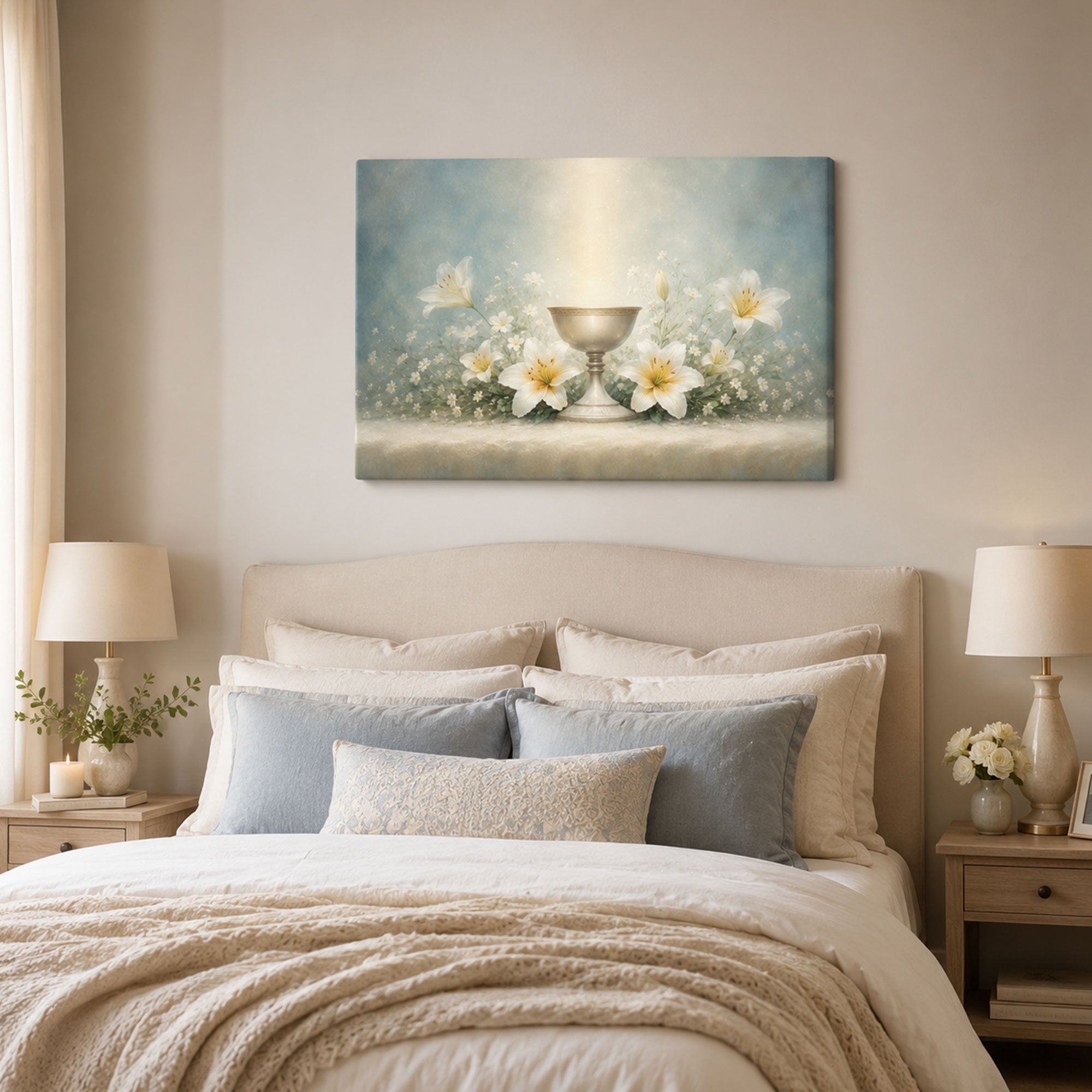 Holy Communion Chalice Canvas Print, White Lily Catholic Wall Art, Soft Blue Faith Home Decor Gift