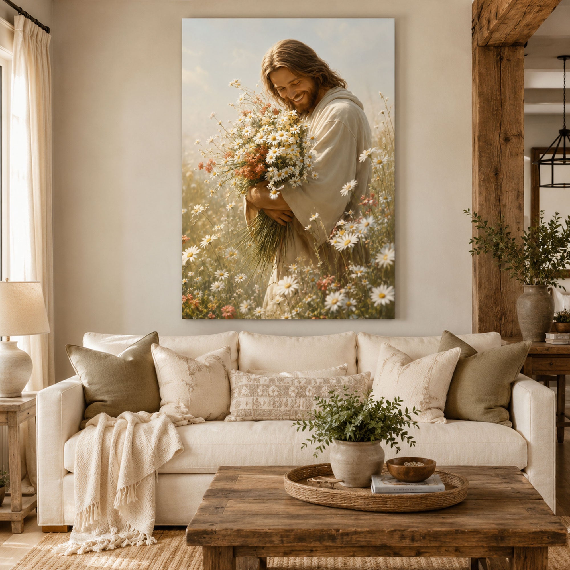 Jesus with Wildflowers Wall Art Printable, Modern Christian Digital Download, Religious Faith Decor
