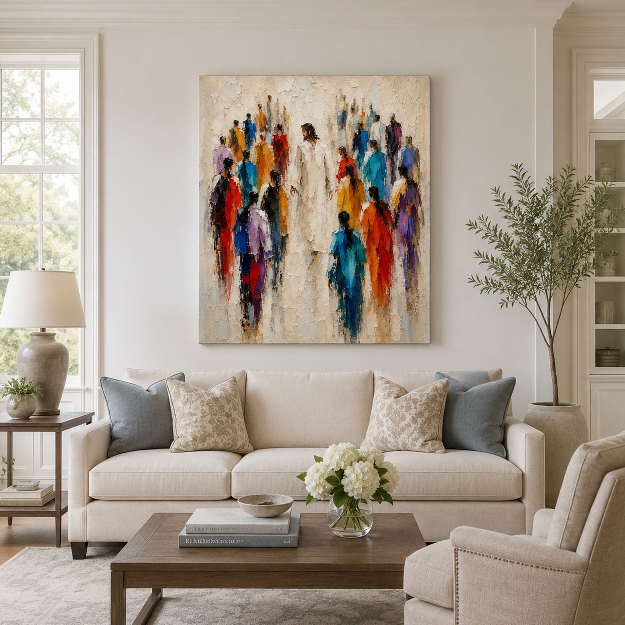 Jesus Walking Among the People Canvas Print, Colorful Christian Faith Art