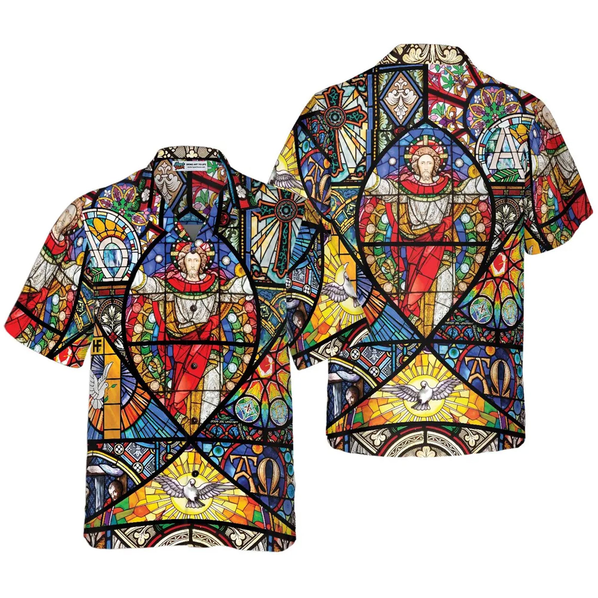 Jesus Stained Glass Hawaiian Shirt, Christian Faith Aloha Shirt, Religious Summer Button Down, Biblical Gift