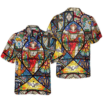 Jesus Stained Glass Hawaiian Shirt, Christian Faith Aloha Shirt, Religious Summer Button Down, Biblical Gift