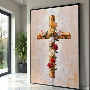 Floral Cross Canvas Print, Rose Christian Wall Art, Religious Faith Decor, Inspirational Spiritual Artwork
