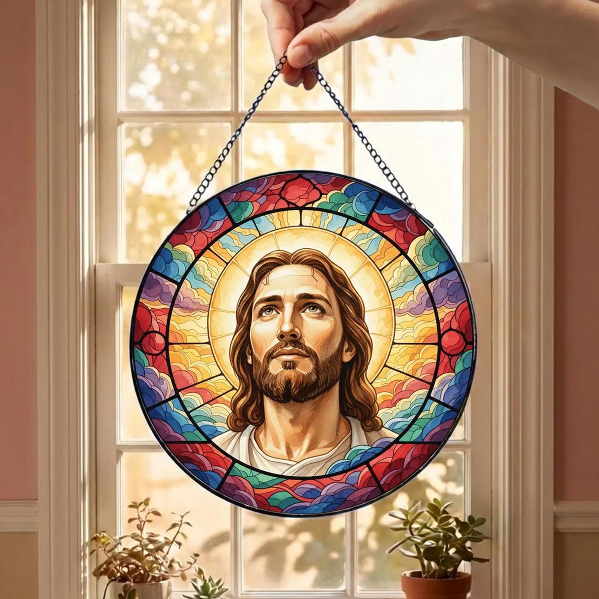 Jesus Christ Stained Glass Suncatcher, Christian Window Hanging Decor, Religious Faith Gift, Spiritual Home Ornament