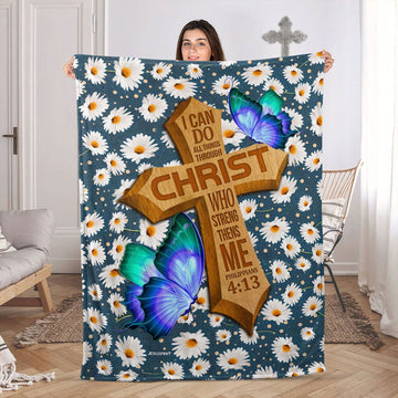 Daisy Fleece Blanket, I Can Do All Things Through Christ Philippians 4:13, Christian Faith Throw, Inspirational Gift, Religious Decor