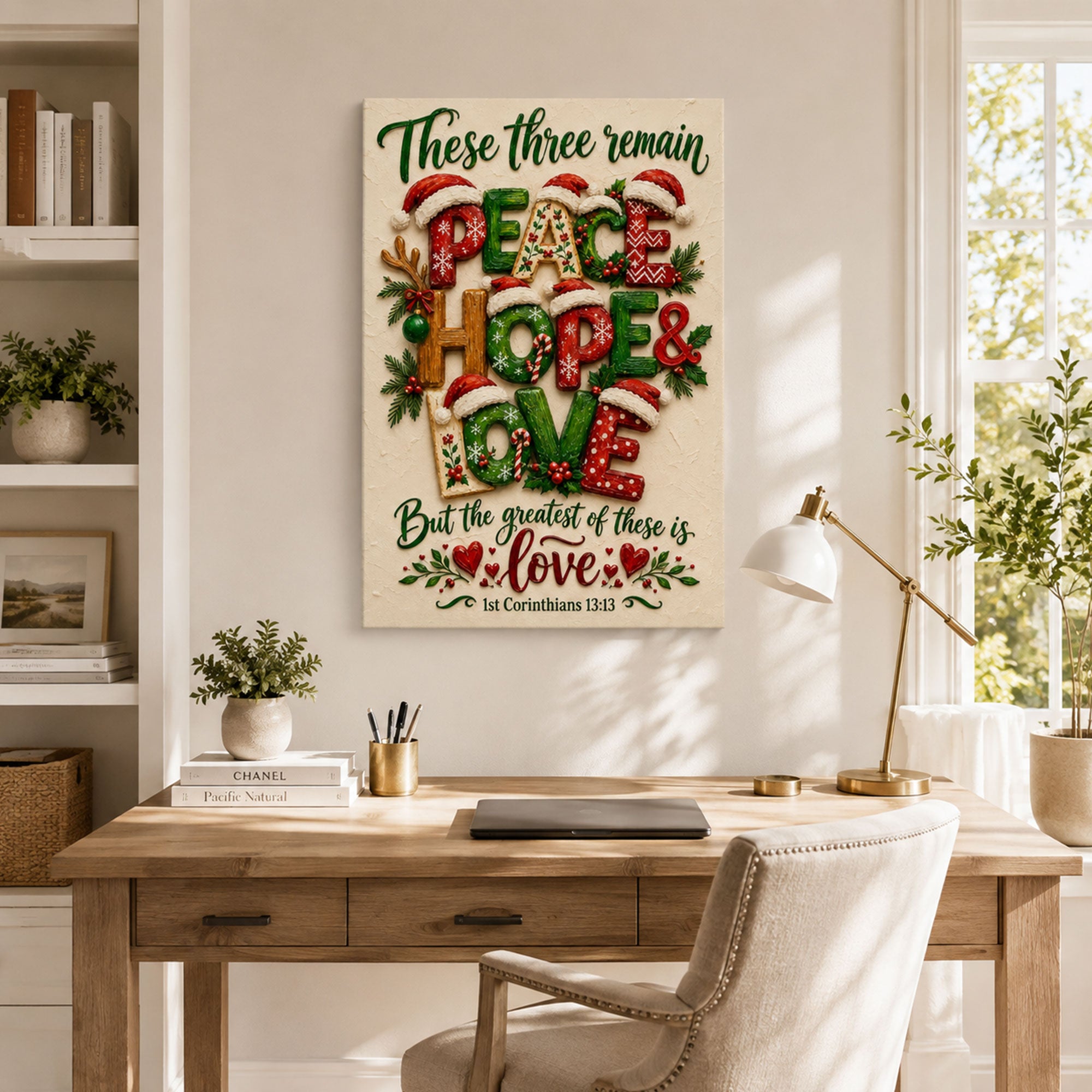 Peace Hope Love Christmas Canvas Print, 1 Corinthians 13:13 Christian Wall Decor, Faith Gift