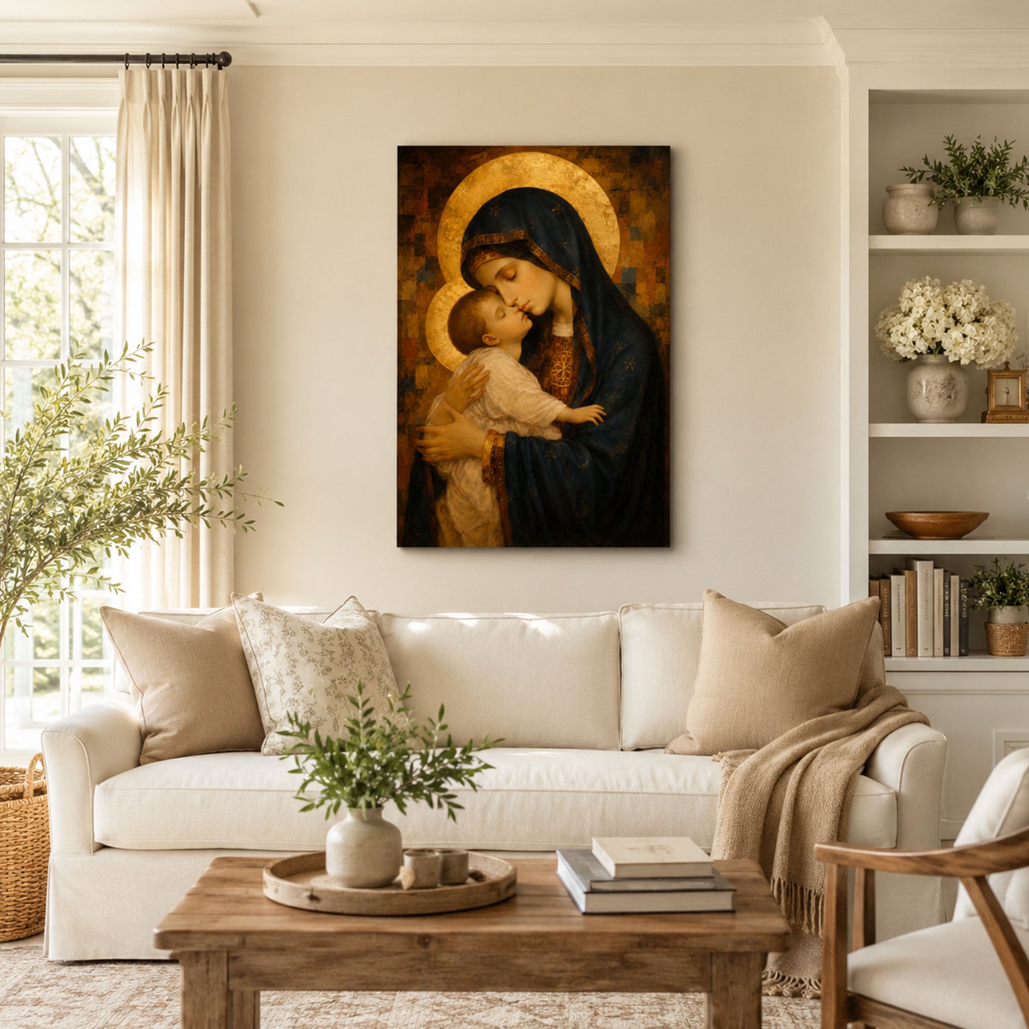 Virgin Mary Holding Baby Jesus Canvas Print, Christian Home Decor