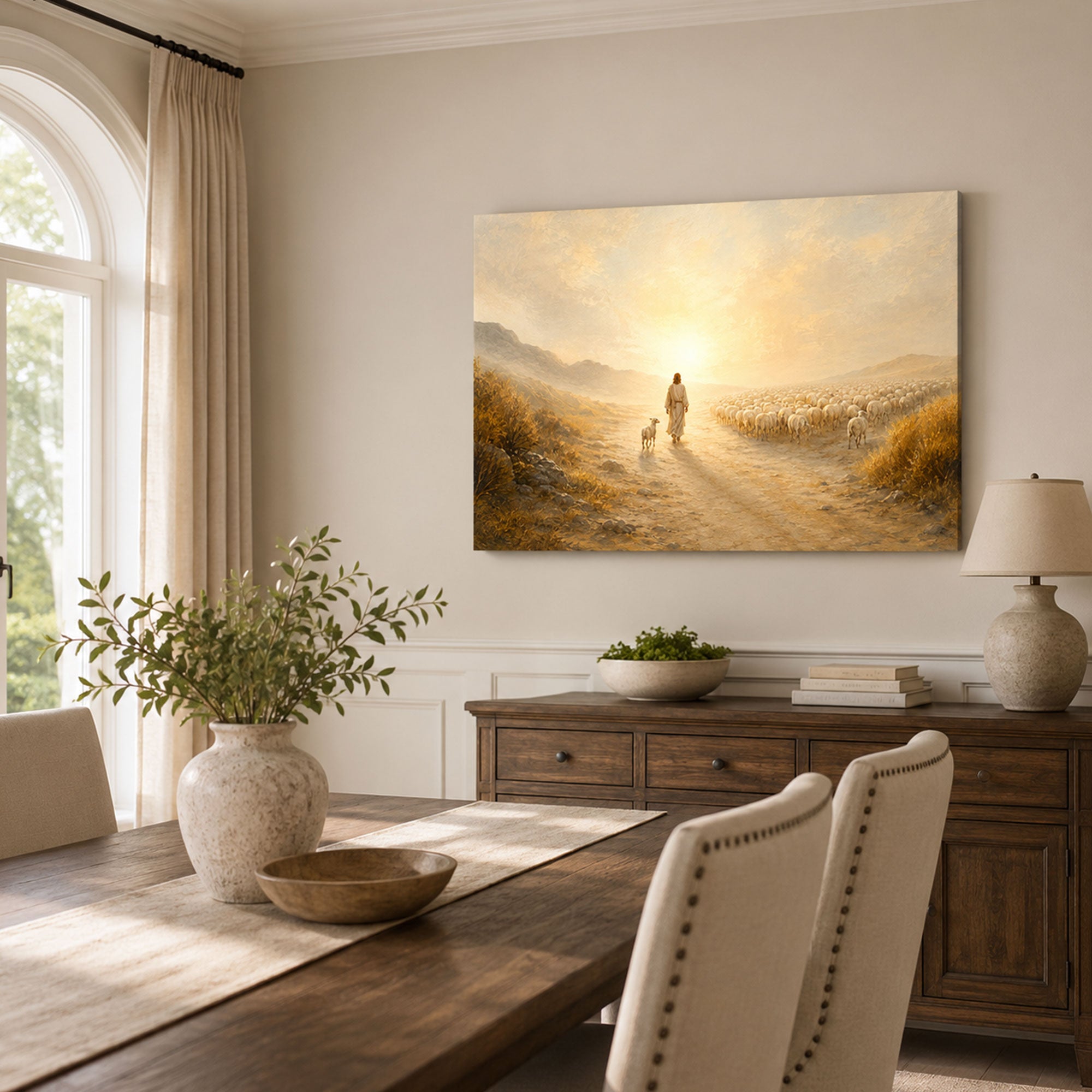 Jesus the Good Shepherd Canvas Print, Sheep Flock Christian Wall Art, Golden Valley Faith Home Decor Gift
