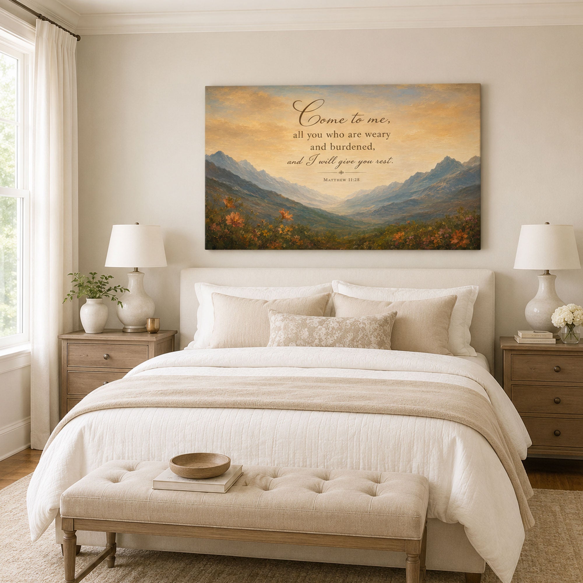 Matthew 11:28 Canvas Print, Come to Me All Who Are Weary Christian Scripture Wall Art, Mountain Faith Home Decor Gift