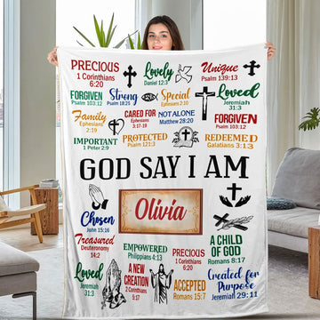 Personalized Christian Blanket, Custom Name God Says I Am Throw, Inspirational Quote Blanket, Positive Faith Gift, Easter Christian Gift