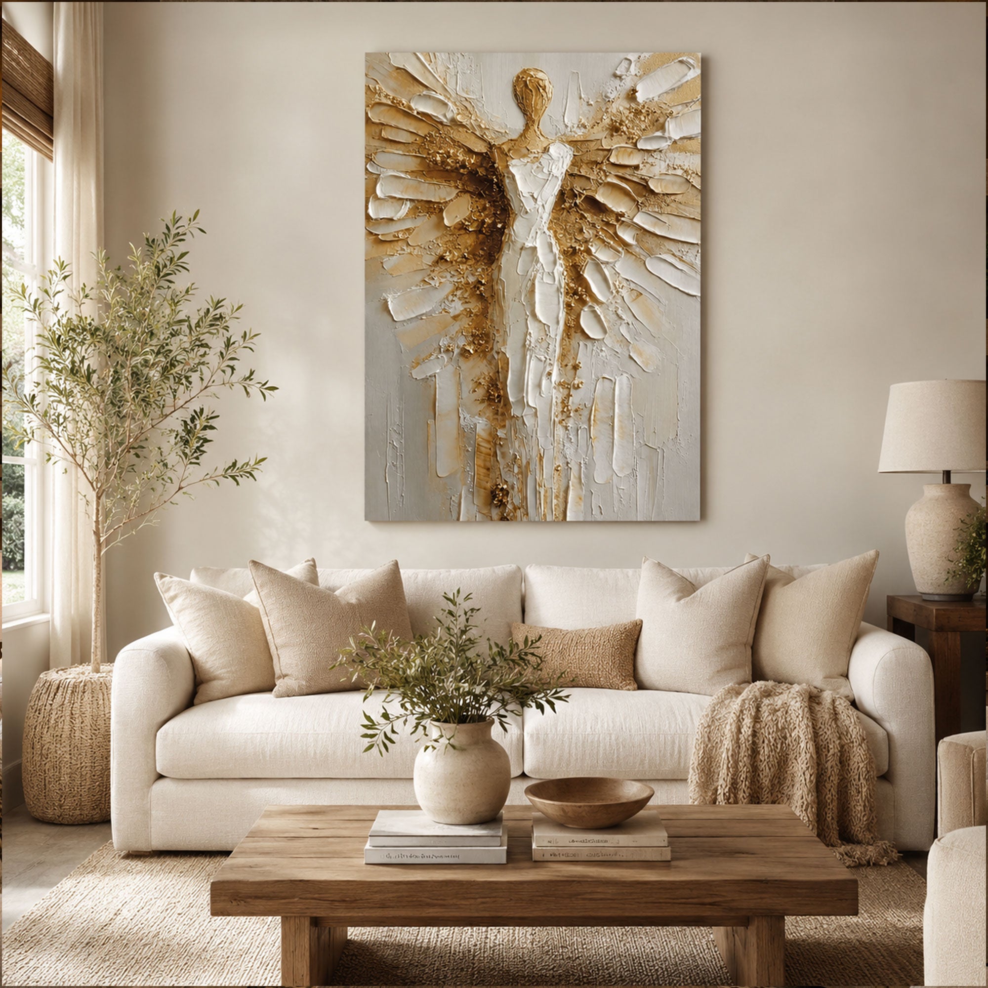 White Gold Guardian Angel Canvas Print, Christian Angel Wall Art, Faith Home Decor Gift
