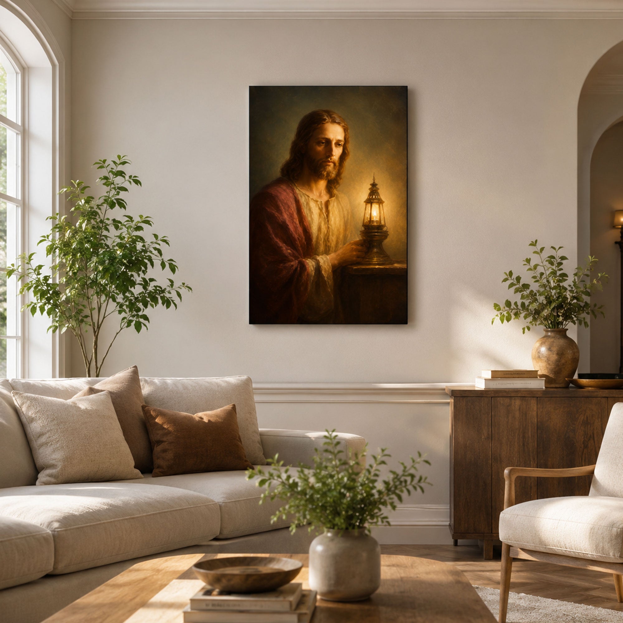 Jesus Light of the World Canvas Print, Christian Lantern Wall Art, Warm Faith Home Decor Gift