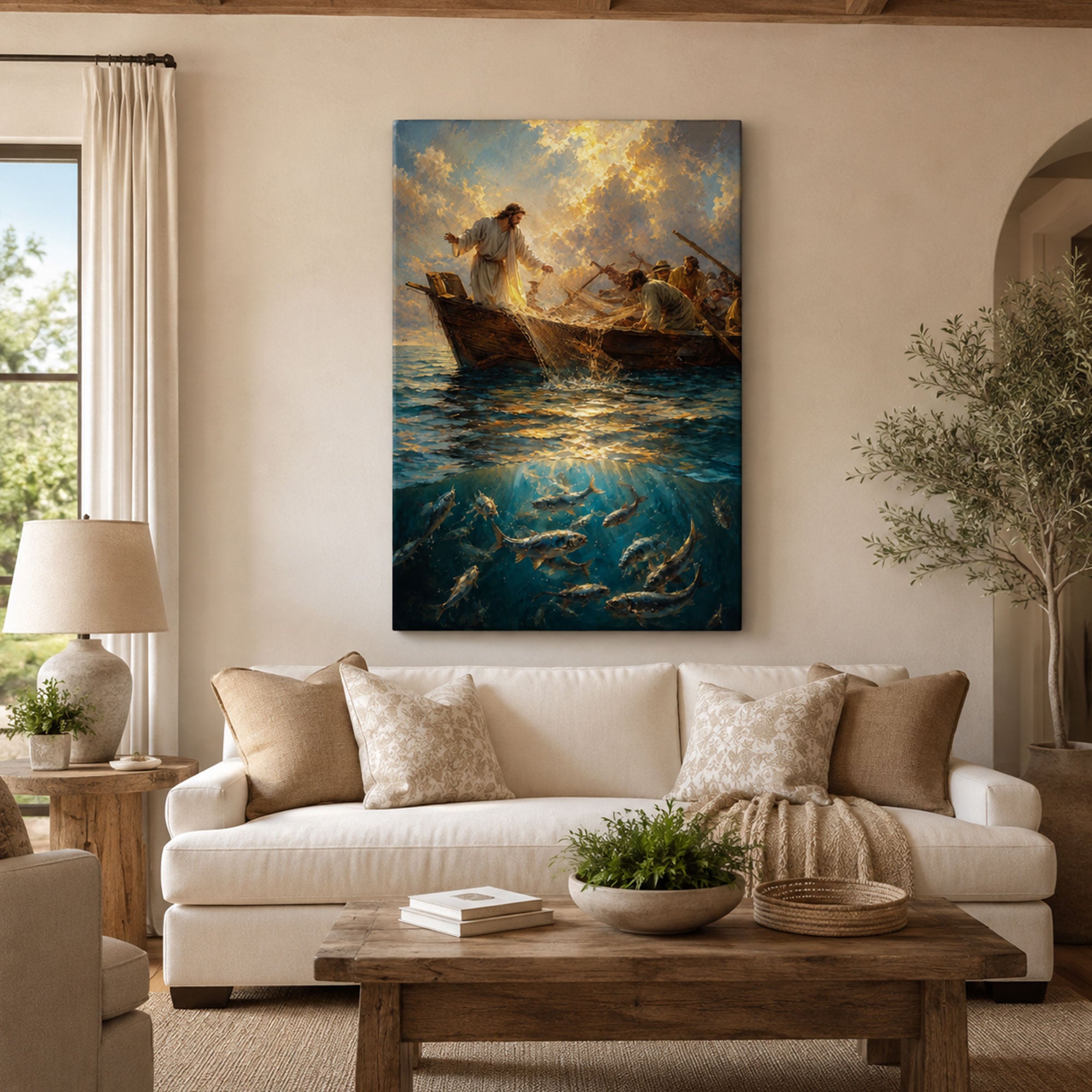 Miraculous Catch of Fish Canvas Print, Jesus and Fishermen Luke 5 Christian Wall Decor, Faith Gift