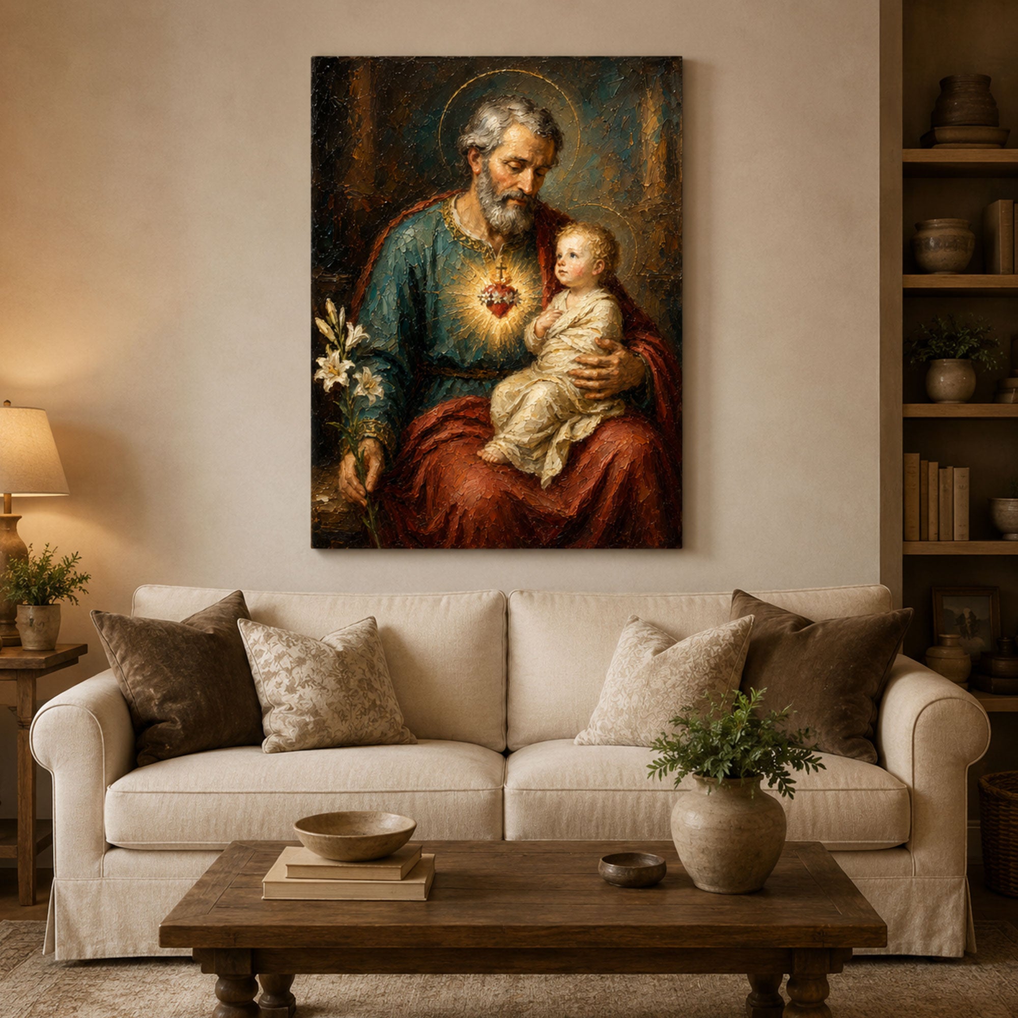 St. Joseph and Child Jesus Canvas Print, Sacred Heart Catholic Wall Art, Patron of Families Home Decor