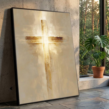Golden Glow Cross Canvas Print, Abstract Christian Wall Art, Symbol of Faith and Divine Light, Modern Religious Decor, Inspirational Spiritual Gift