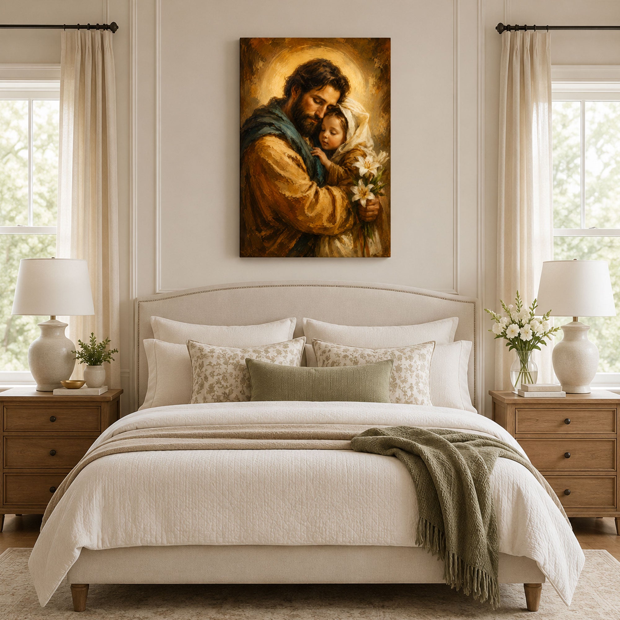 Saint Joseph Holding Child Jesus Canvas Print, Lily Catholic Faith Decor