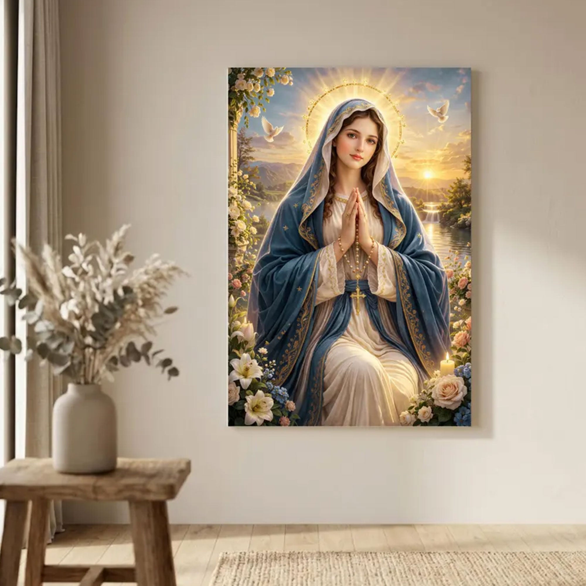 Virgin Mary Prayer Wall Art, Blessed Mother Canvas Print, Catholic Religious Decor, Christian Faith Artwork, Spiritual Home Gift