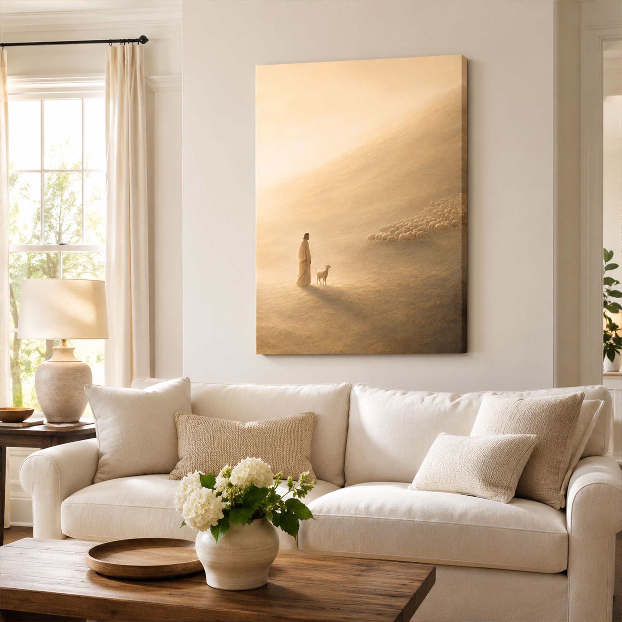 The Shepherd and the One Lamb Canvas Print, Golden Christian Decor